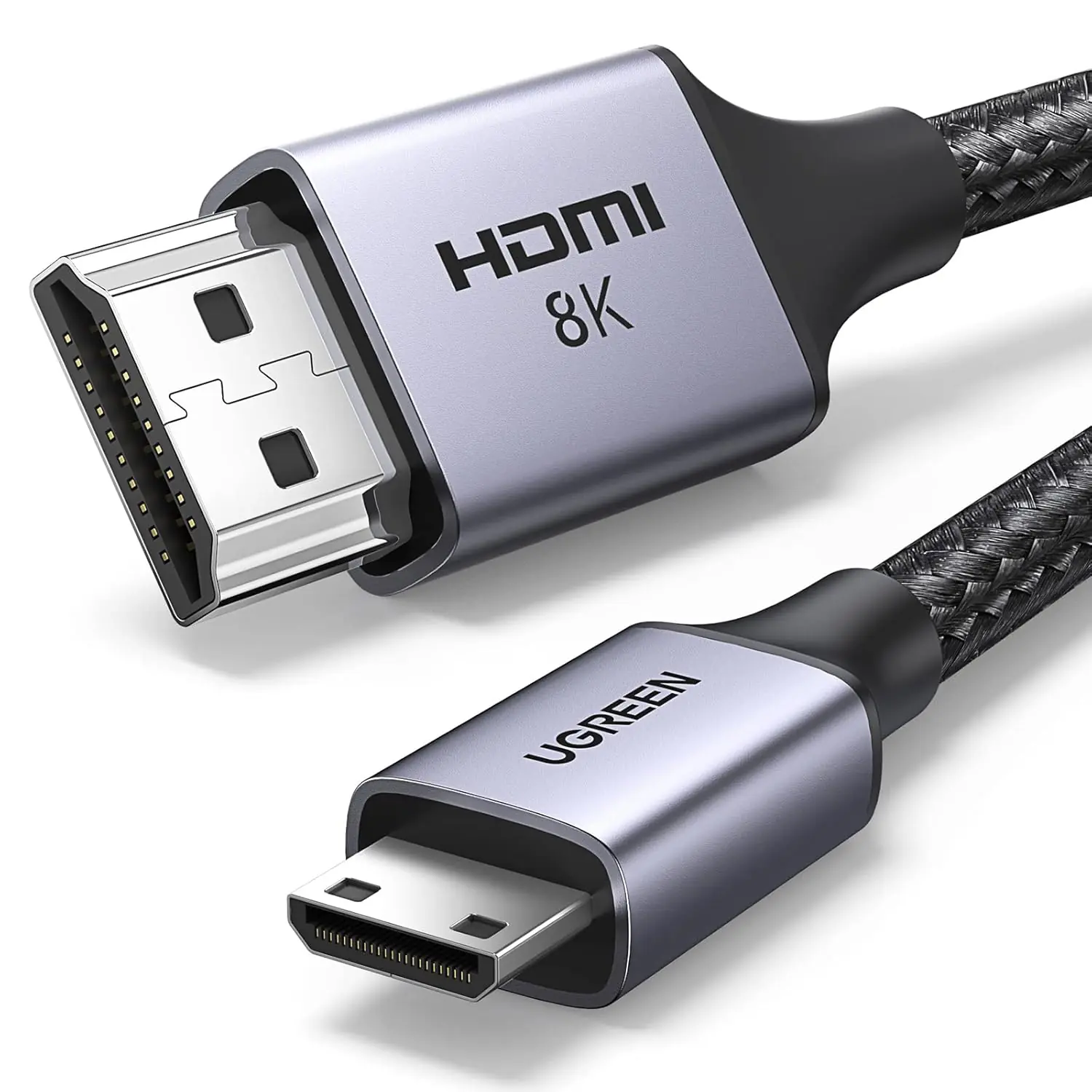 UGREEN 8K Mini HDMI To HDMI 2.1 Cable 2 meters Bi-Directional Aluminum Braided Cord Supports 8K@60Hz, 4K@240Hz, eARC, HDR, Dolby Vision, For Camera, Pi Zero, Camcorder, PS5, Xbox
