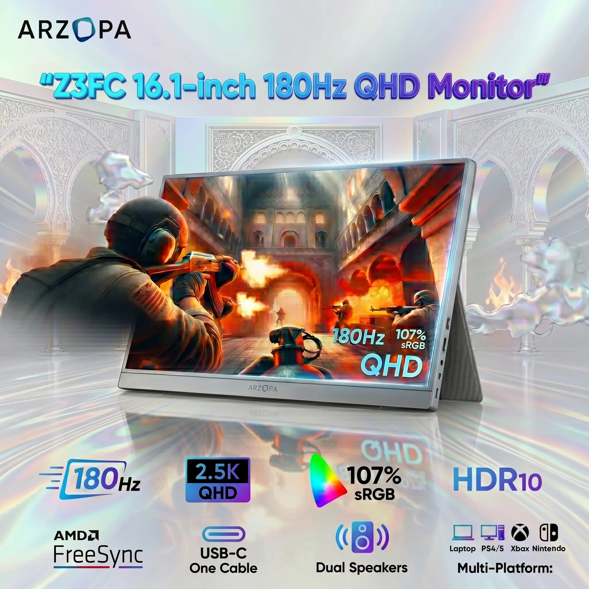 Arzopa Z3FC 16.1-inch 2.5K QHD 180Hz Portable Gaming Monitor, 107% sRGB, HDR10, FreeSync, 400 Nits, Dual USB-C Full Function + Mini HDMI 2.0, Ultra-Slim 9.3mm, Dual Speakers, protective Sleeve, for Laptop, PC, PS4/5, Mac, Xbox