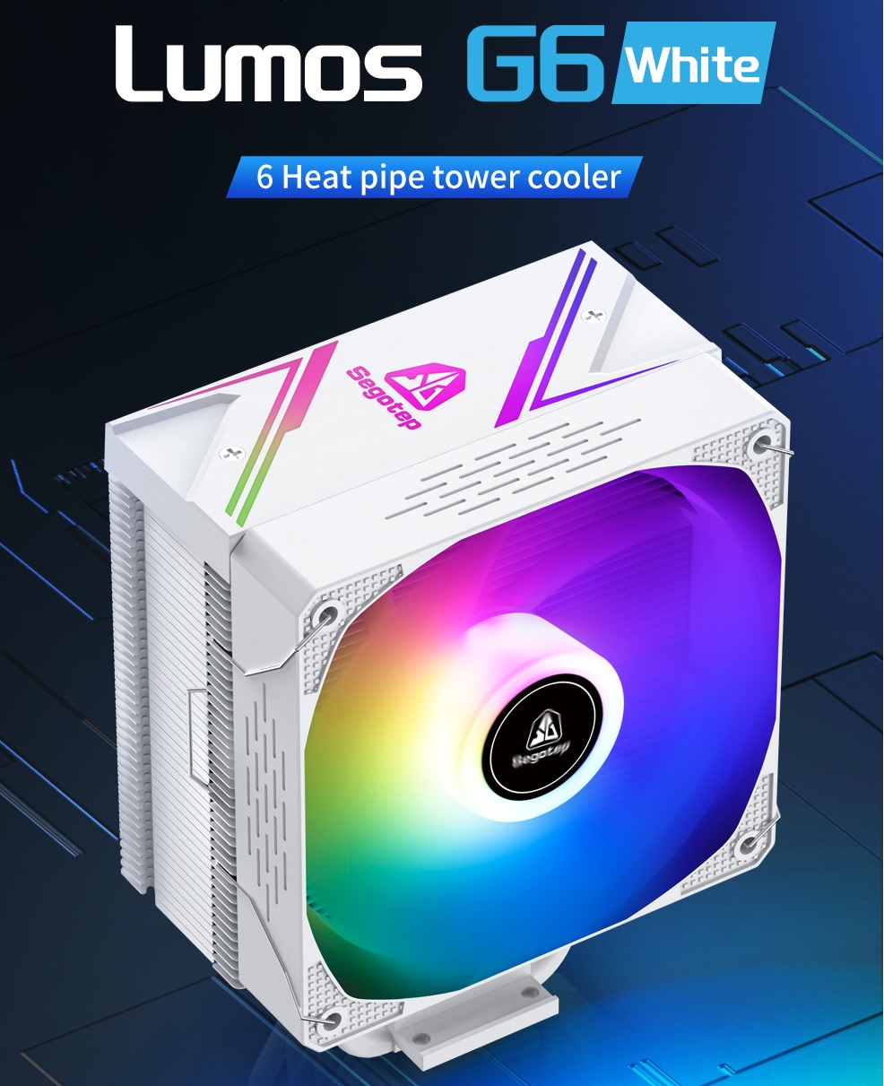 SEGOTEP LUMOS G6 – Air CPU Cooler ARGB Cooling Fan 6 Copper Heat Pipes CPU Radiator with FDB Bearing 120mm Fan PWM 1800 RPM – 82 CFM – RGB Top cover – WHITE