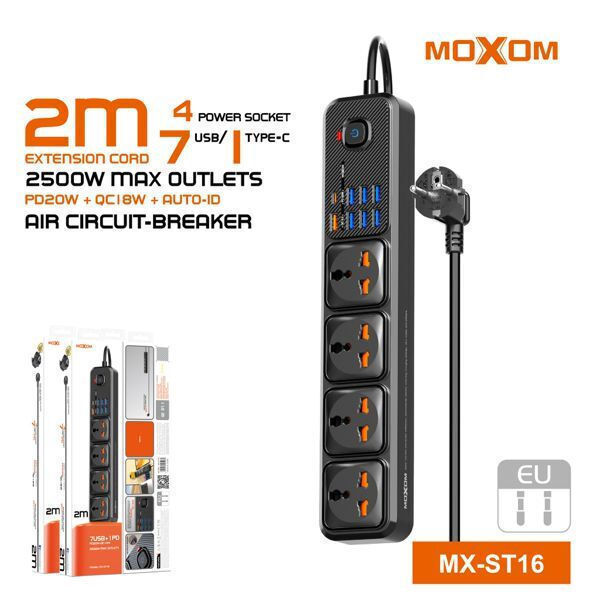 12 IN 1 US Power Strip MOXOM ST16 – 4 SLOTS+7 USB+ TYPE C 20W – 2 METERS CORD – Child Safety Shutters – Air Circuit-breaker – Overload Protection – PD20W QC18W – 2500W Max Outlets | BLACK
