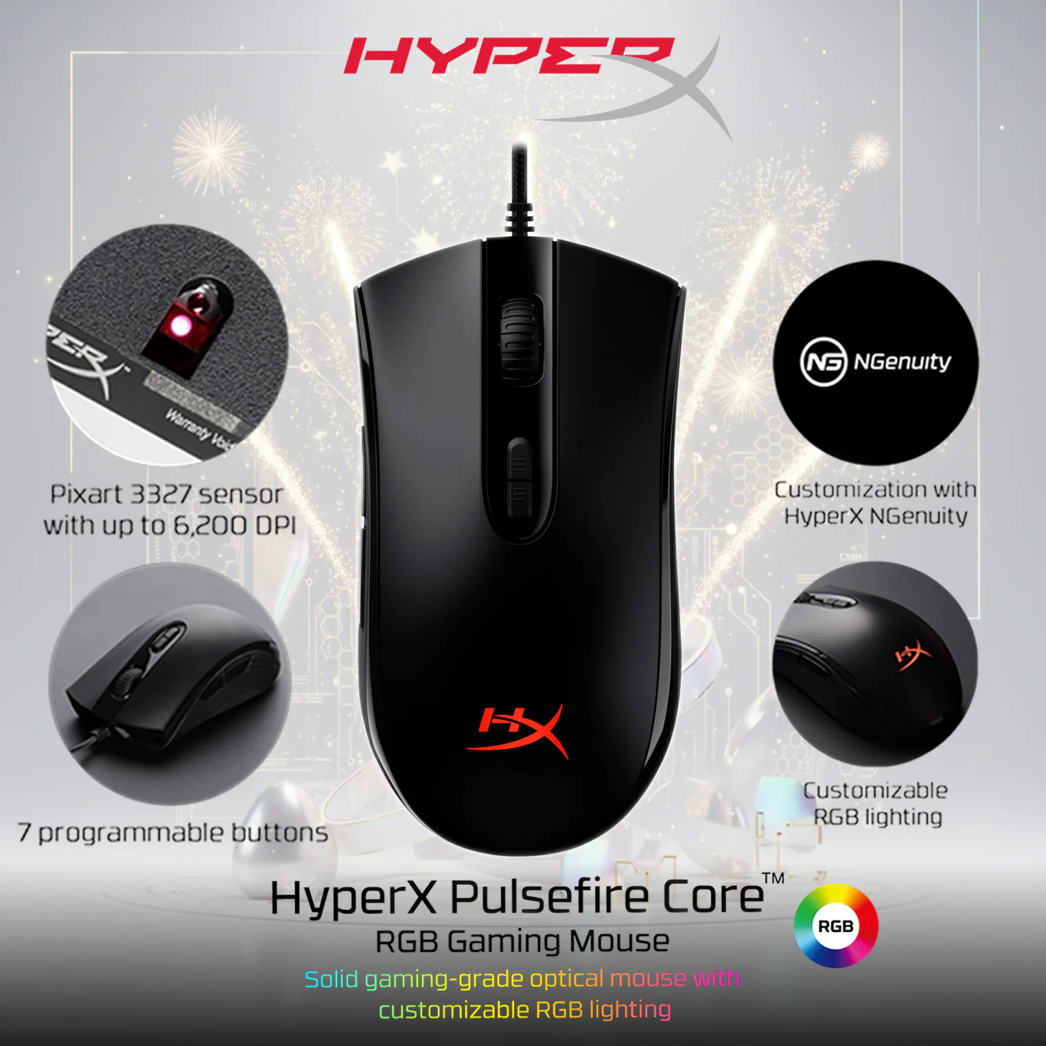 HyperX Pulsefire Core Gaming Mouse With Pixart 3327 Sensor, 6200 DPI, Macro Customization, 7 Programmable Buttons, RGB Lighting, 20M Click Durability, USB Wired Symmetrical Design | 4P4F8AA BLACK