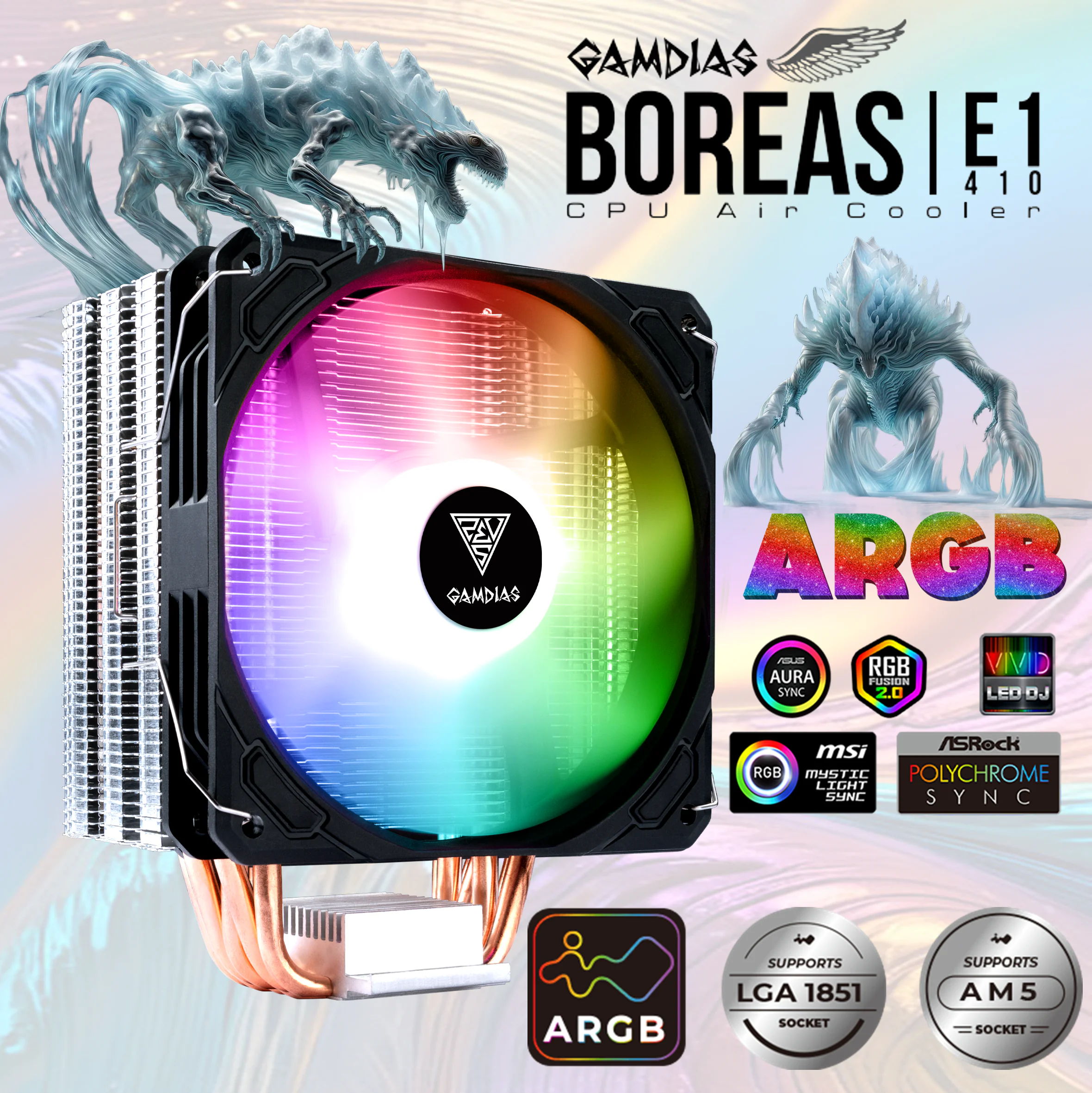 GAMDIAS Boreas E1-410 ARGB CPU Air Cooler With 4 Copper Heat Pipes, High Airflow PWM Fan, Customizable ARGB Lighting, Hydraulic Bearing, Universal Socket Kits | BLACK v