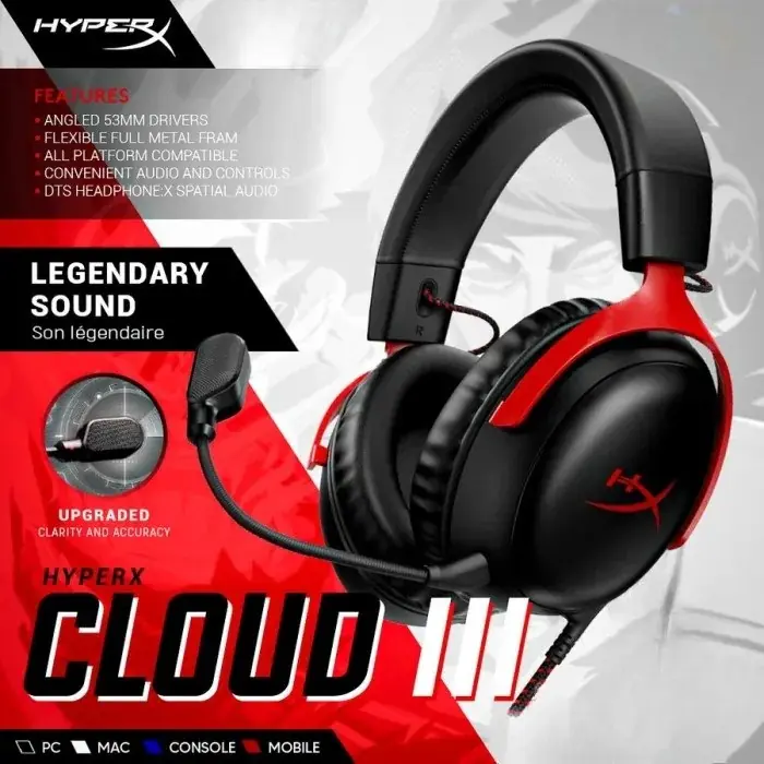 HyperX Cloud III – Wired Gaming Headset, PC, PS5, Xbox Series X|S, Angled 53mm Drivers, DTS Spatial Audio, Memory Foam, Durable Frame, Ultra-Clear 10mm Mic, USB-C, USB-A, 3.5mm | Black/Red OPEN BOX