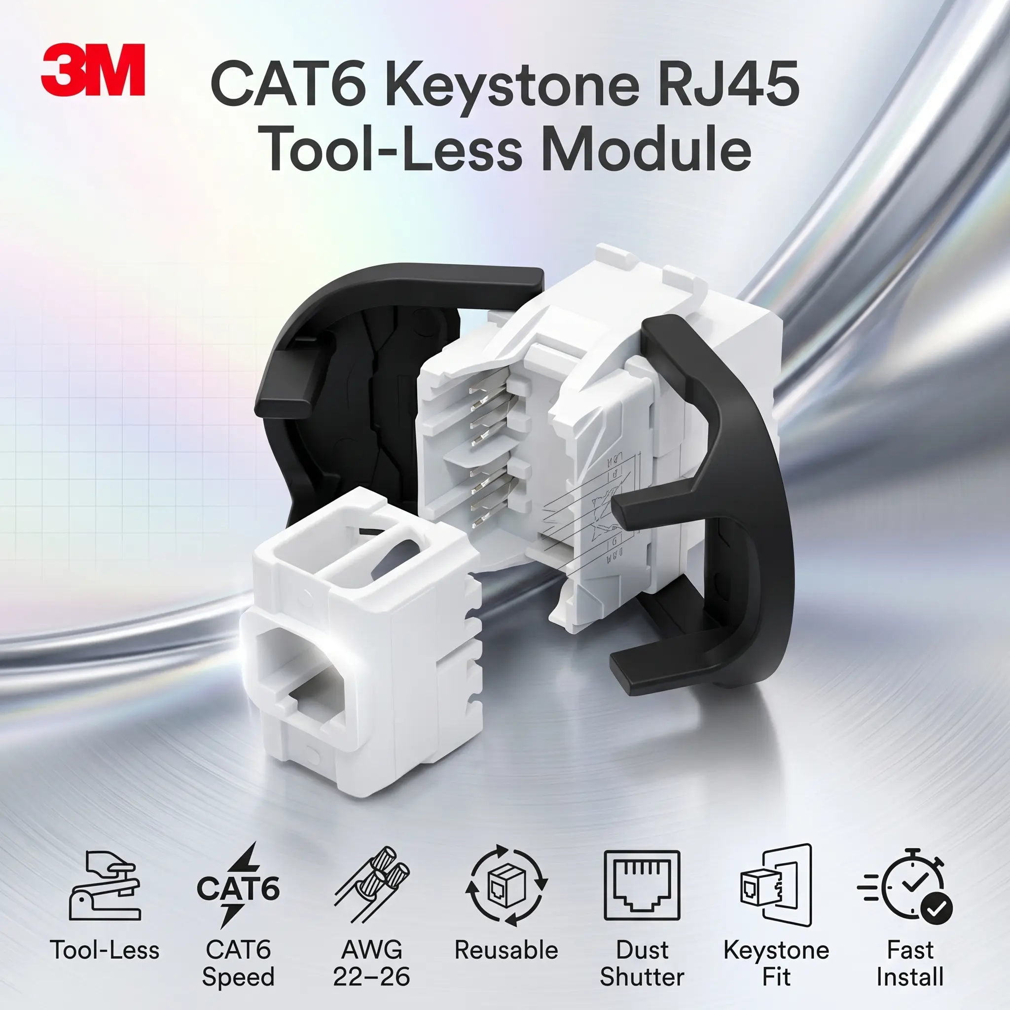 3M CAT6 Keystone RJ45 UTP Module Tool-Less Jack, One-Click Termination, AWG 22-26 Solid And Stranded Cable Support, Universal Keystone Mount, Dust Shutter, Reusable Design
