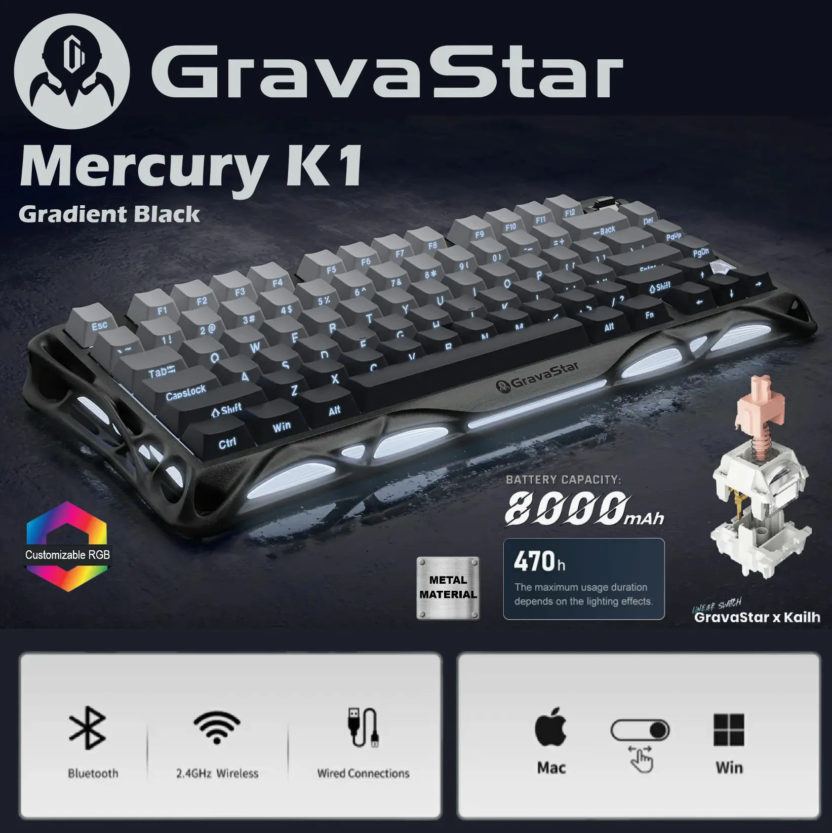 GravaStar Mercury K1 – 75% Wireless Mechanical Gaming Keyboard With Aluminum Alloy Exoskeleton, Hot-Swap Sockets, Kailh Linear Switches, Dual RGB, & 8000mAh Battery | Gradient Black