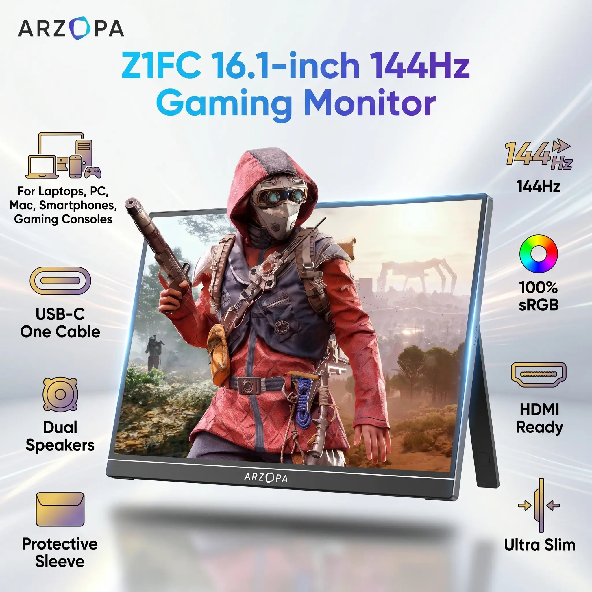 Arzopa Z1FC 16.1” FHD IPS 144Hz Portable Gaming Monitor, 100% sRGB, Dual USB-C Full Function + Mini HDMI, Ultra-Slim, Dual Speakers, Built-in Stand, Protective Sleeve, Console & PC Compatible