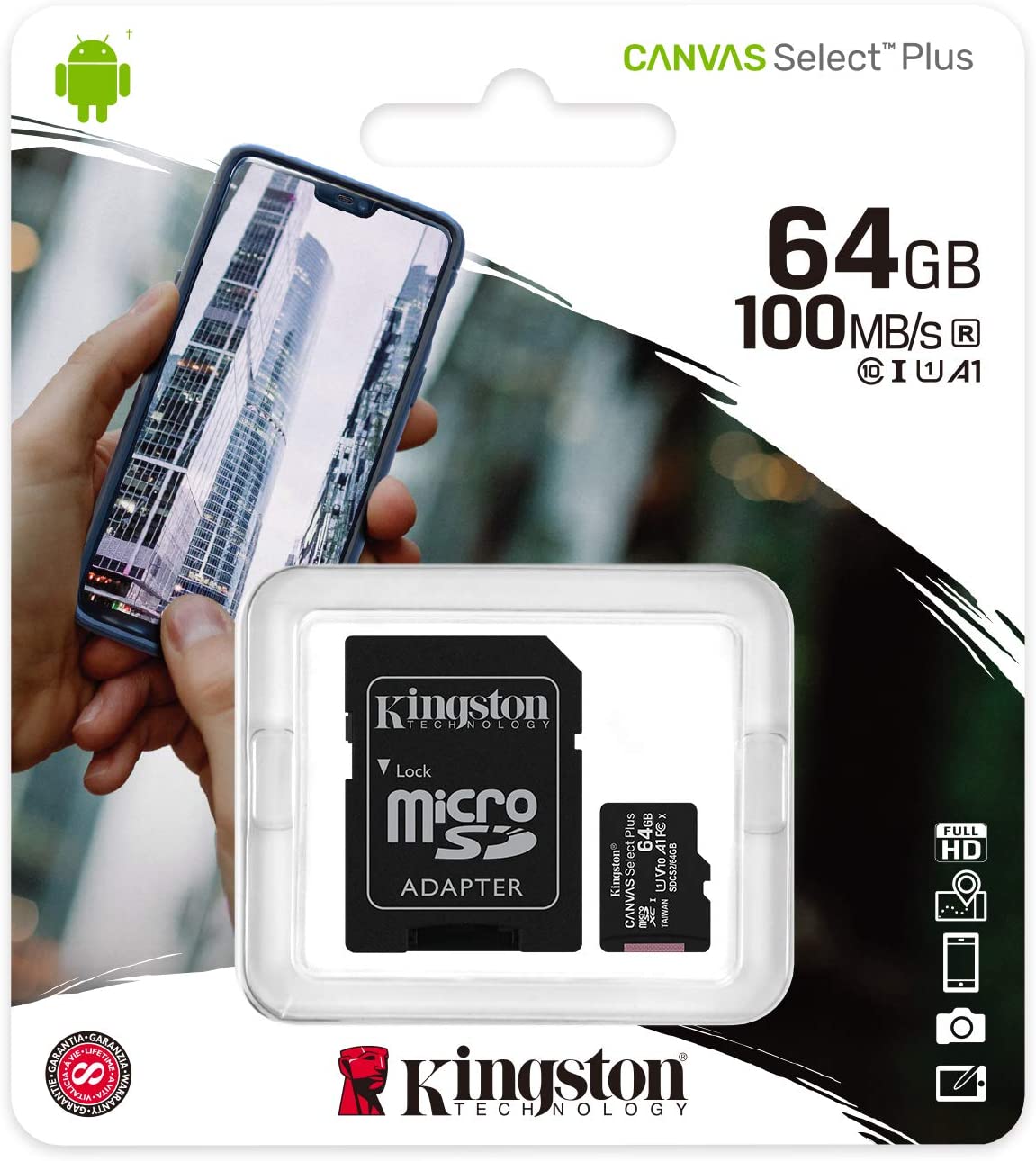 Kingston 64GB microSDXC Canvas Select Plus 100MB/s Read A1 Class 10 UHS-I Memory Card + Adapter (SDCS2/64GB)