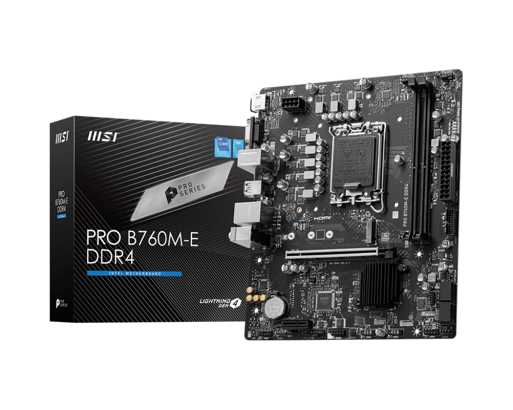 MSI PRO B760M-E DDR4 Motherboard, Micro-ATX – Supports Intel 14th, 13th & 12th Gen Core Processors, LGA 1700 – DDR4 Memory Boost 4800+MHz/OC, PCIe 4.0 x16 Slot, M.2 Gen4 Slot | 1 YEAR WARRANTY
