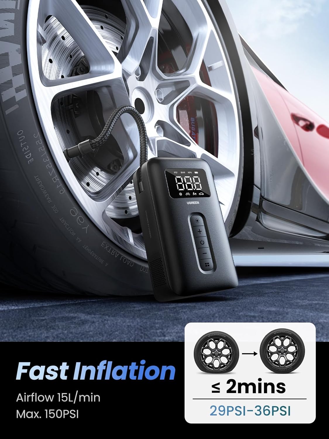 UGREEN Tire Inflator Portable Cordless Electric Air Pump 150PSI Auto-Off Tire Pump with LED Light Digital Gauge for Accurate Pressure Readings for Cars, Motorcycles, Balls, All Bicycles, etc | UGREEN-15951