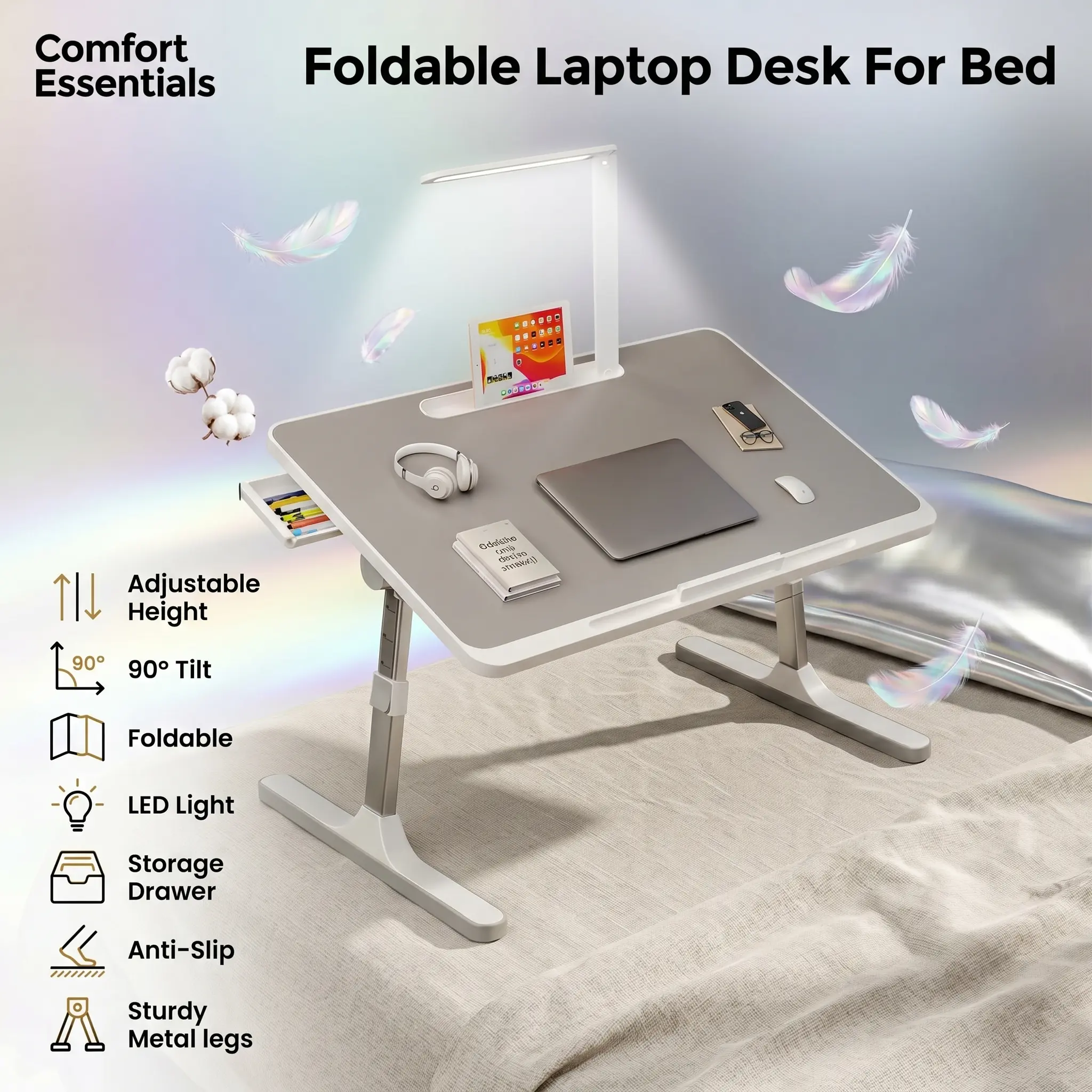 Foldable Laptop Desk For Bed 60×40cm, Adjustable Height 27–39cm, 0–90° Tilt, LapDesk With LED Light – Storage – Drawer – Sliding Bezel – Anti-Slip Feet Portable Ergonomic Grey Table