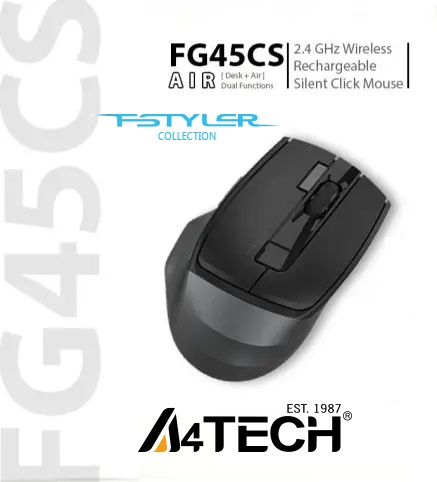 FG45CS Air2 2.4G Wireless Mouse – [ Desk + Air ] Dual Functions – 2000 DPI 4-Level Adjustable – Silent Clicks – 2 Thumb Side Buttons – On/Off Power Switch – Stone Grey