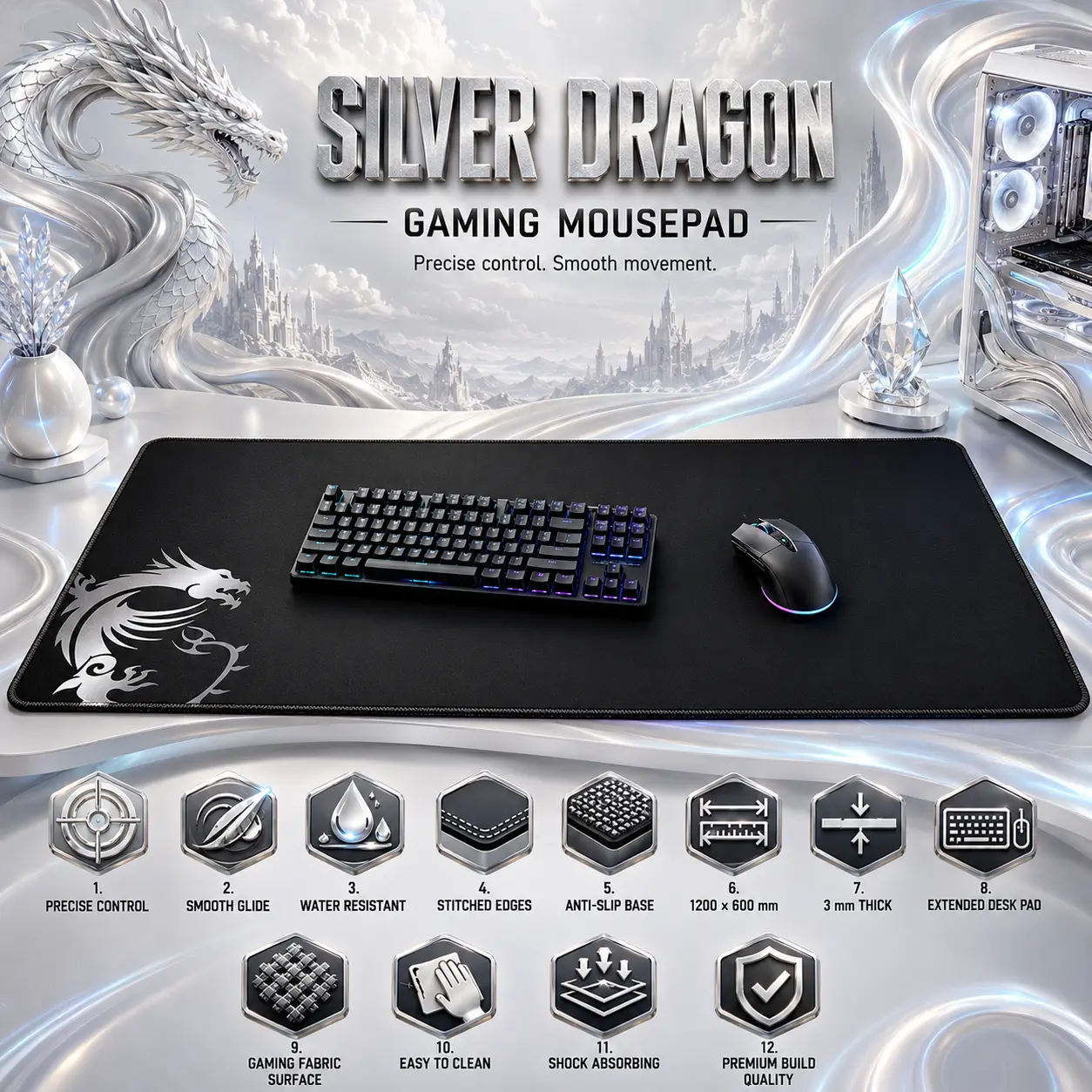 Silver Dragon 900 × 400 × 3 mm Extended Gaming Mouse Pad With Silky Low-Friction Surface, 28 Stitches Per Inch, Reinforced Edges And Anti-Slip Shock-Absorbing Rubber Base For Gamers