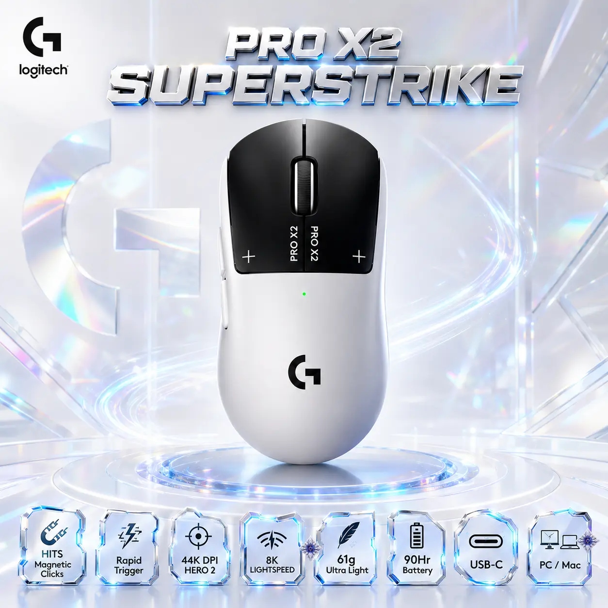 Logitech G PRO X2 SUPERSTRIKE LIGHTSPEED Wireless Gaming Mouse, HITS Magnetic Rapid Trigger, HERO 2 44K DPI, 8K Polling, 61g, USB-C, 90Hr Battery, for PC/Mac | Lunar Eclipse