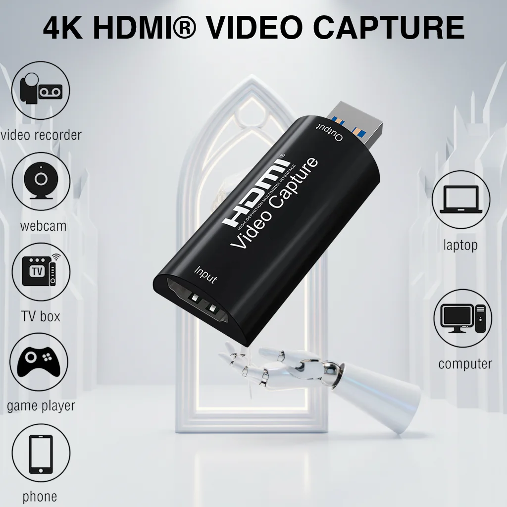 HDMI® Video Capture Device 4K Input To 1080P Output, USB Plug & Play , 8/10/12-bit Deep Color Processing, up to 15 meters of HDMI Cable Input, Supports OBS, VLC, Android, macOS, Windows