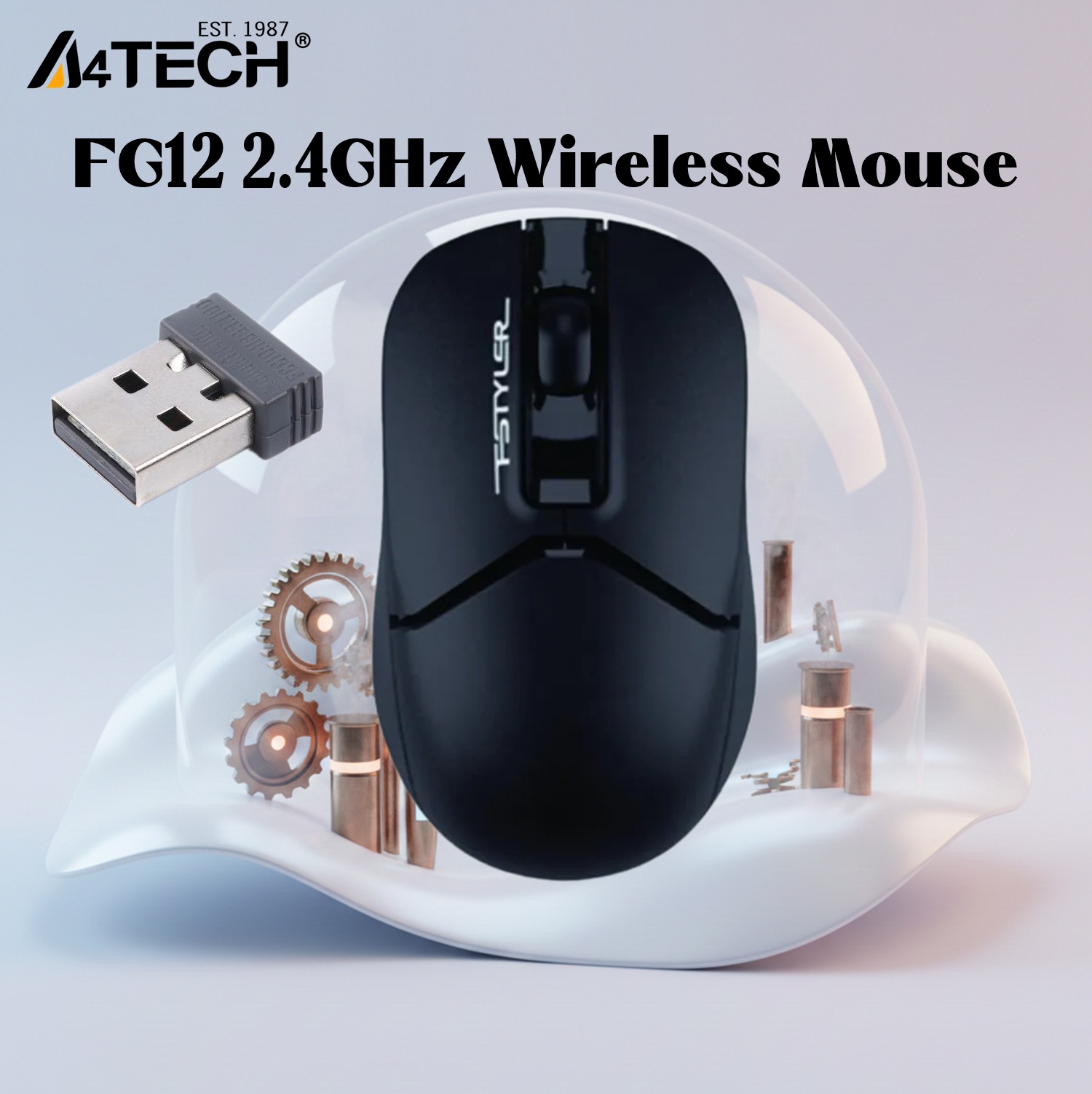 A4TECH FG12 2.4GHz Wireless Mouse, 1200 DPI, Optical Sensor, 3 Buttons, 10–15m Range, 5M Clicks, 12-Month Battery, Nano Receiver, Windows 10/11, Ambidextrous Design | BLACK