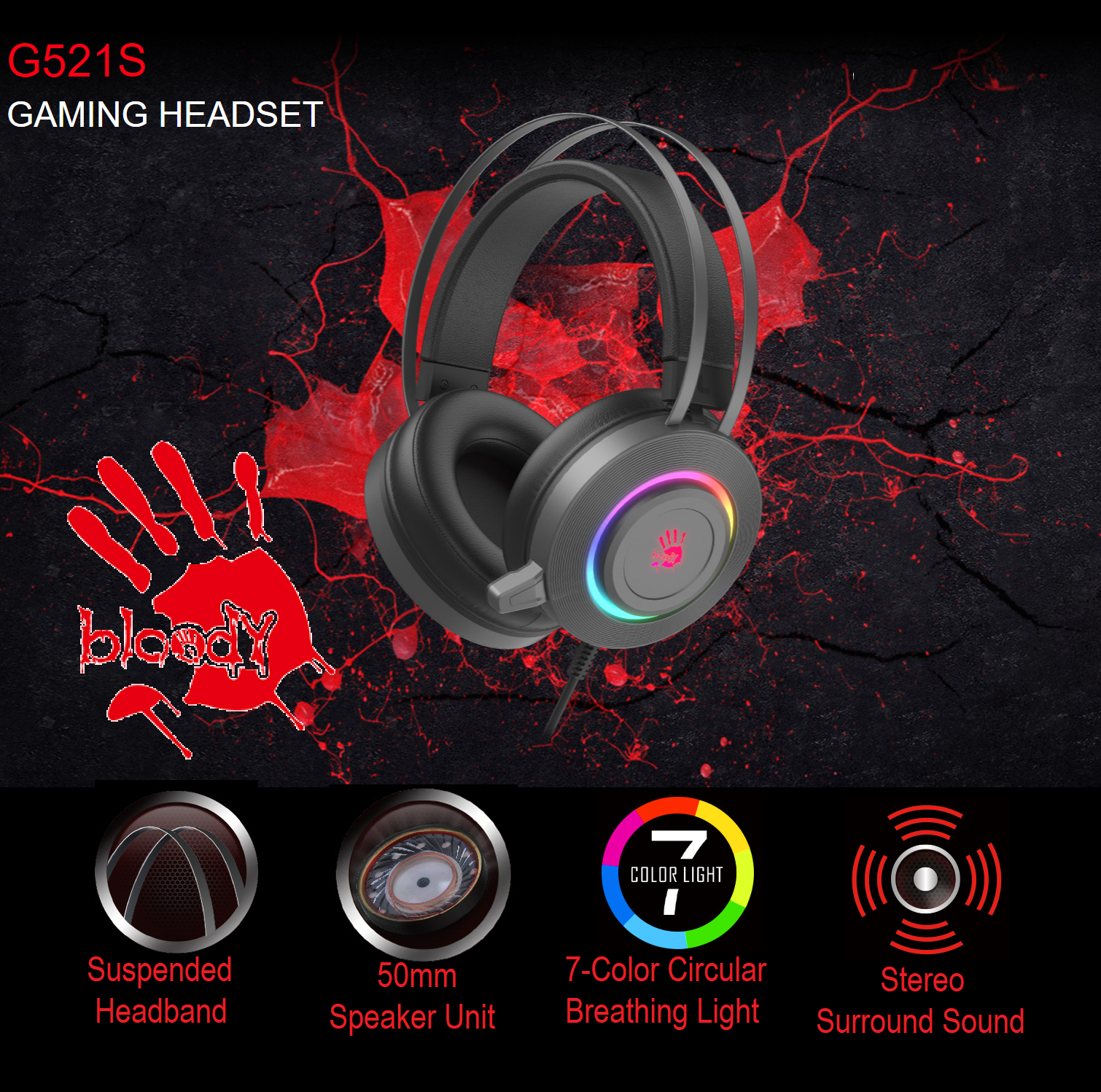 bloody G521S RGB Gaming Headset , 50 mm speaker , Omni-Directional Noise-Canceling Mic. , Suspended Headband , 7-Color Circular Breathing Light , 230 cm USB Cable – Sliver Black