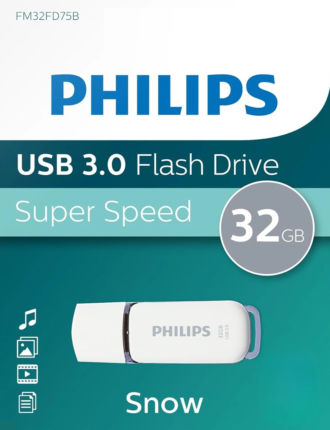 PHILIPS 32GB USB Flash Drive With USB 3.0, LED Activity Light, Plug-And-Play, Trendy Snow Edition Design, Multi-OS Support, High-Speed File Transfers | FM32FD75B/97