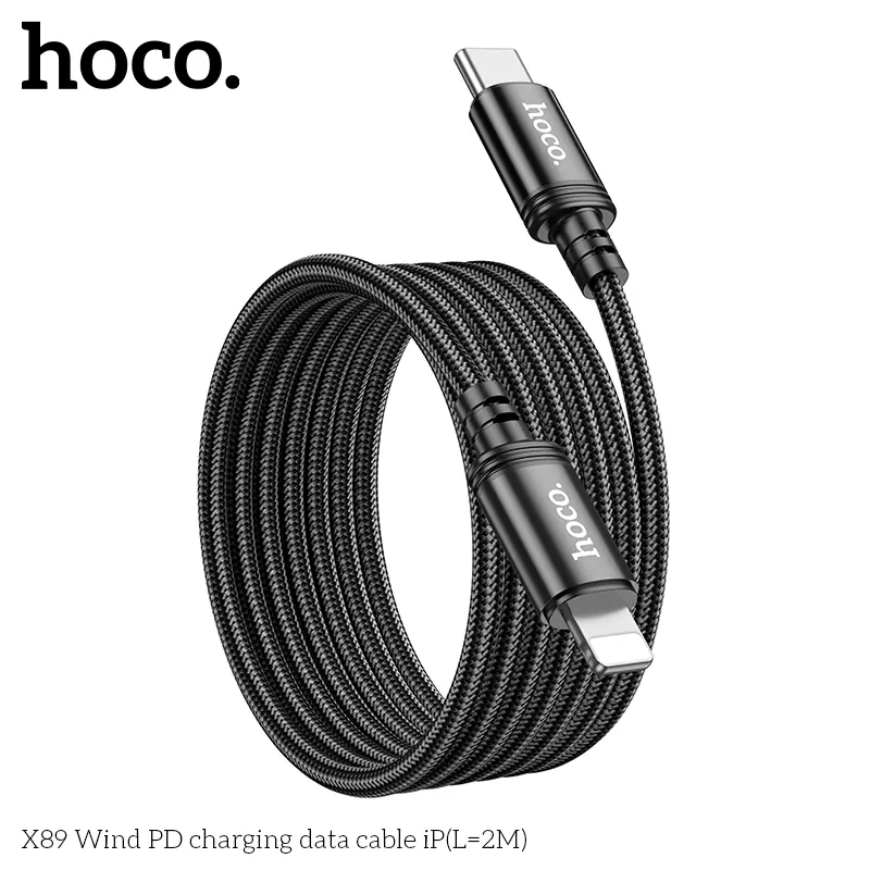 Hoco X89 Wind 27W Fast Charging Data Cable for iPhone – 2 meters ; USB-C to Lightning ; Supports PD 27W Fast Charging ; Aluminum alloy shell Braided Cable ; High-Speed Data Transfer | BLACK