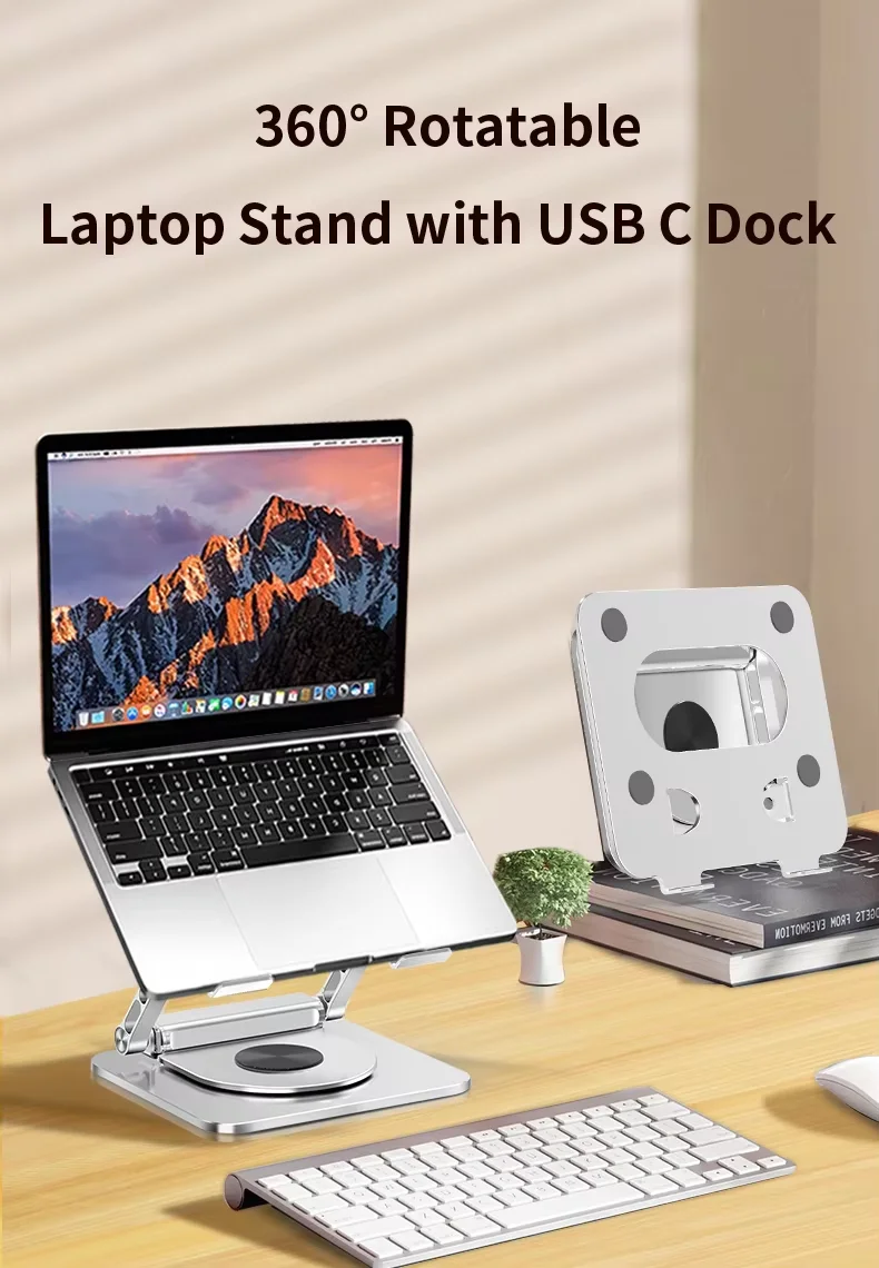 N84 Foldable Laptop Stand with 6-in-1 Docking Station – 360° Rotation, Adjustable Height, Heat Dissipation, Supports Up to 10kg, Universal Compatibility, Silver