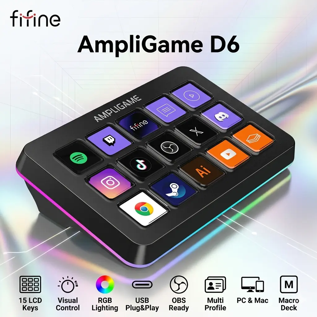 FIFINE AmpliGame D6 Stream Controller Deck, 15 LCD Keys, RGB, USB, Macro Pad For OBS Streaming Editing, Custom Profiles, Plug & Play USB-C, Visual Control Console, Works with PC & Mac