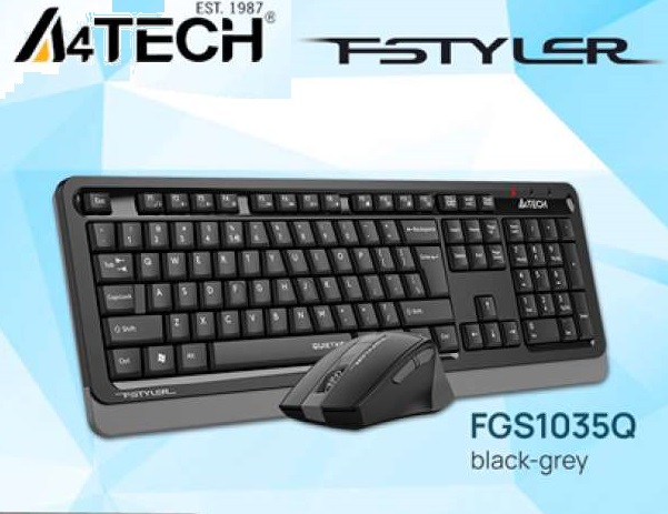 A4ech FGS1035Q 2.4G Wireless & Keyboard Mouse Set – Quiet Key Keyboard + Silent Clicks Mouse Set – 2.4GHz Wireless – 1200-1600-2000 DPI – Right-Handed Fit Mouse – Multimedia Hot Keys – Dark Grey