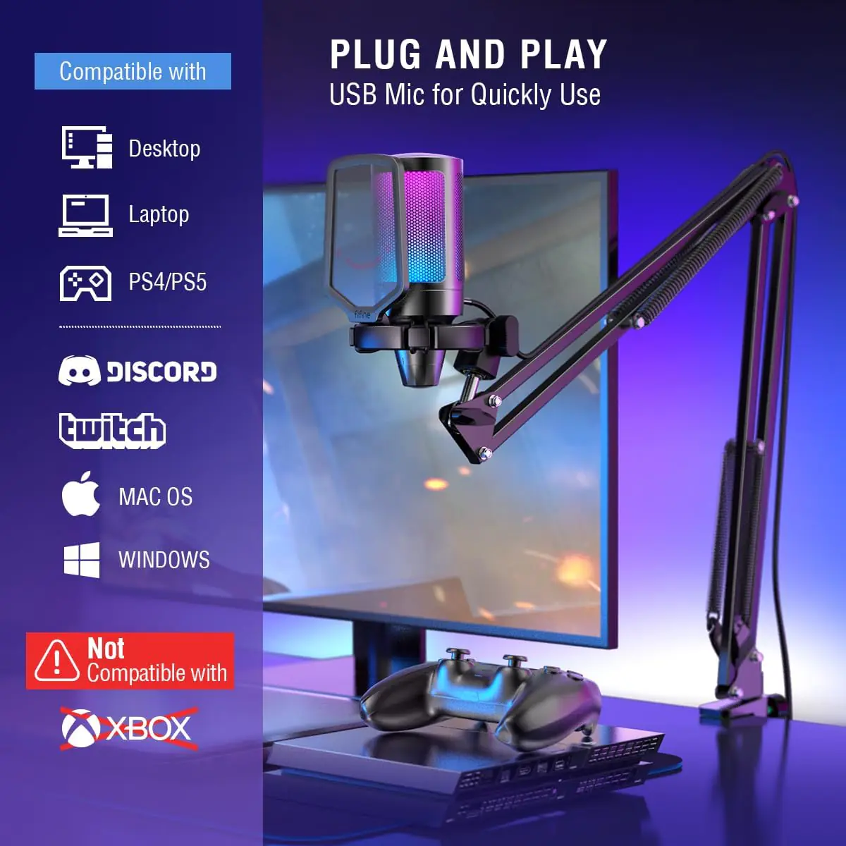 FIFINE AMPLIGAME A6T USB Microphone with Boom Arm – RGB Lighting, Mute Button, Volume Dial, Shock Mount & Pop Filter for Gaming, Streaming, Podcasting – Black