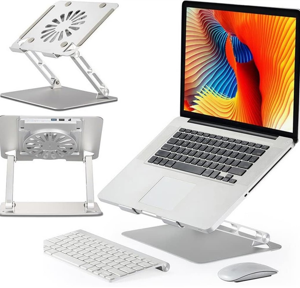 Aluminum Laptop or Tablet Stand with Cooling Fan & 2 USB Ports | Flat Foldable & Portable | Hight Adjustable | Angle Tilt | Silver