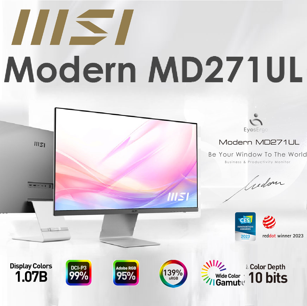 MSI Modern MD271UL 27-inch 4K UHD Business Monitor – (3840 x 2160 / 16:9) Resolution – IPS panel with 178° Wide Viewing Angle – Ultra Slim Frameless Design – Wide Color Gamut – 2 x HDMI (2.0b) , Type C (DP Alternate) , DisplayPort (1.2a) | Iron Grey – 1 Year Warranty