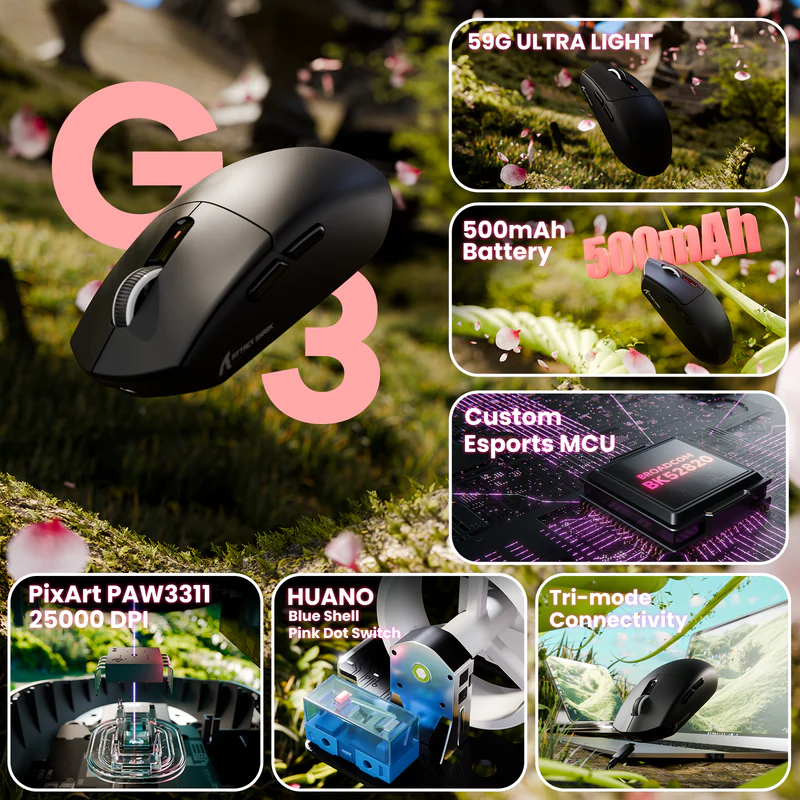 ATTACK SHARK G3 Tri-Mode Wireless Gaming Mouse 25,000 DPI, Ultra-Light 59g, PAW3311 Sensor, Broadcom Esports MCU, HUANO 80M Switches – Black