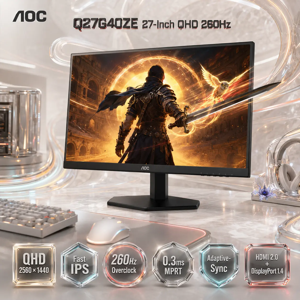 AOC Q27G40ZE 27-Inch QHD Fast IPS Gaming Monitor, 260Hz OC, 0.3ms MPRT, HDR10, Adaptive-Sync, 99.9% sRGB, 94% DCI-P3, HDMI 2.0, DisplayPort 1.4, Game Mode| Black
