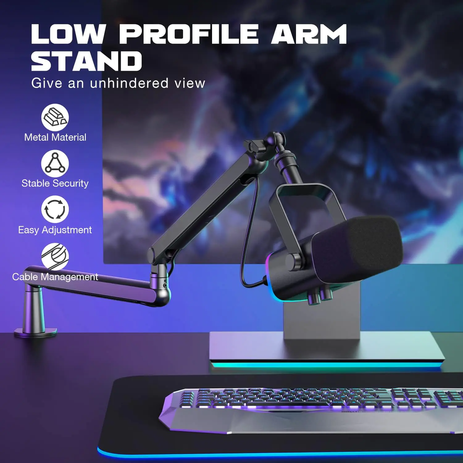 FIFINE BM88 Low-Profile Microphone Boom Arm Stand – All-Metal Adjustable Desk Clamp, 29″ Reach, Hidden Cable Management, 1/4″ 3/8″ 5/8″ Screw Adapter, Black
