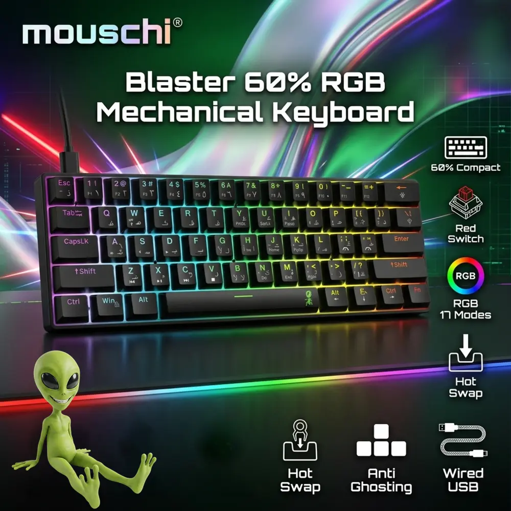 Mouschi Blaster 60 Percent Mechanical Keyboard with Red Switch, RGB 17 Modes, Hot Swappable, Anti Ghosting, Floating Keycaps, USB Wired, Compact Gaming Keyboard | BLACK