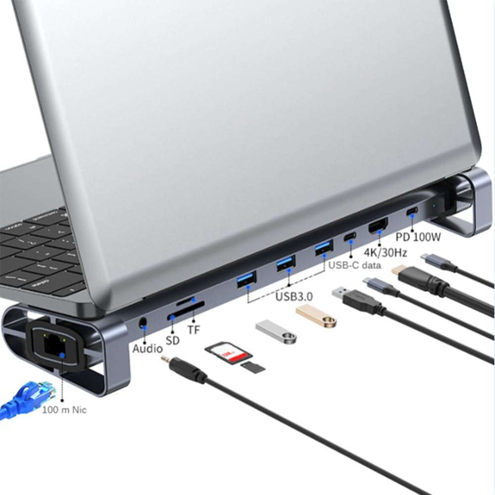 USB C Hub, Type C Adapter, 10-in-1 Dongle with Ethernet, 4K@30Hz HDMI, 3 USB3.0, SD/TF Card Reader, Audio, USB-C Pd 100W, Compatible Universally