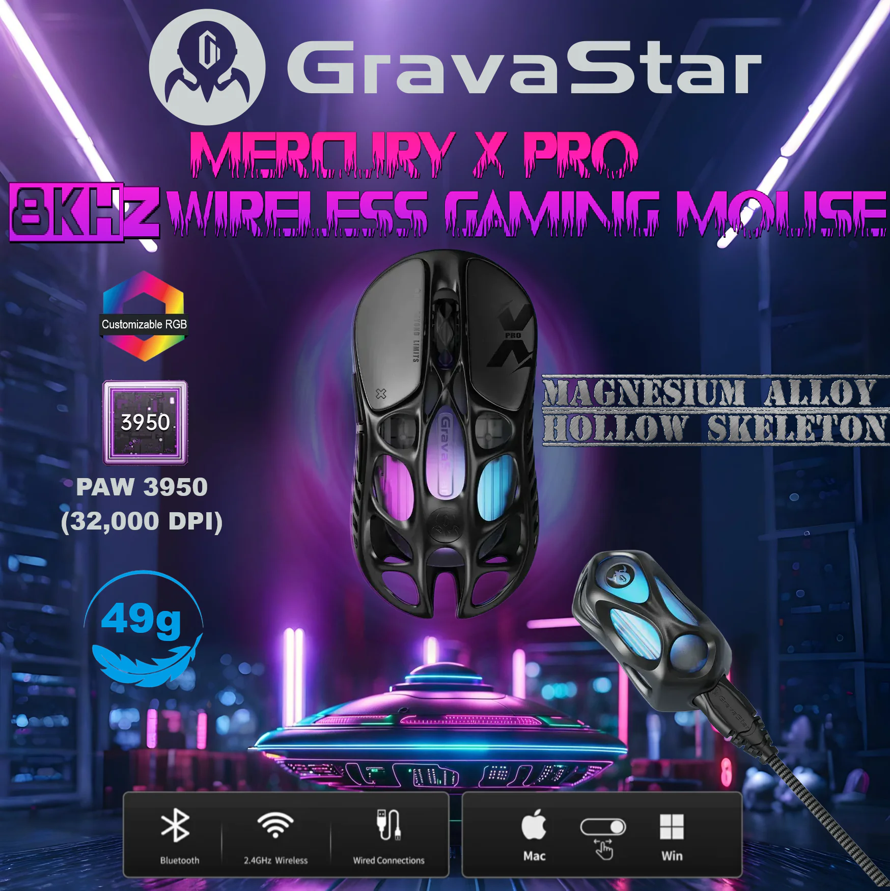 GravaStar Mercury X Pro 8KHz Wireless Gaming Mouse With 32,000 DPI PAW 3950 Sensor, 49g Magnesium Alloy Skeleton, RGB, Tri-Mode, Ergonomic Build & Onboard Profiles | GALAXY BLACK