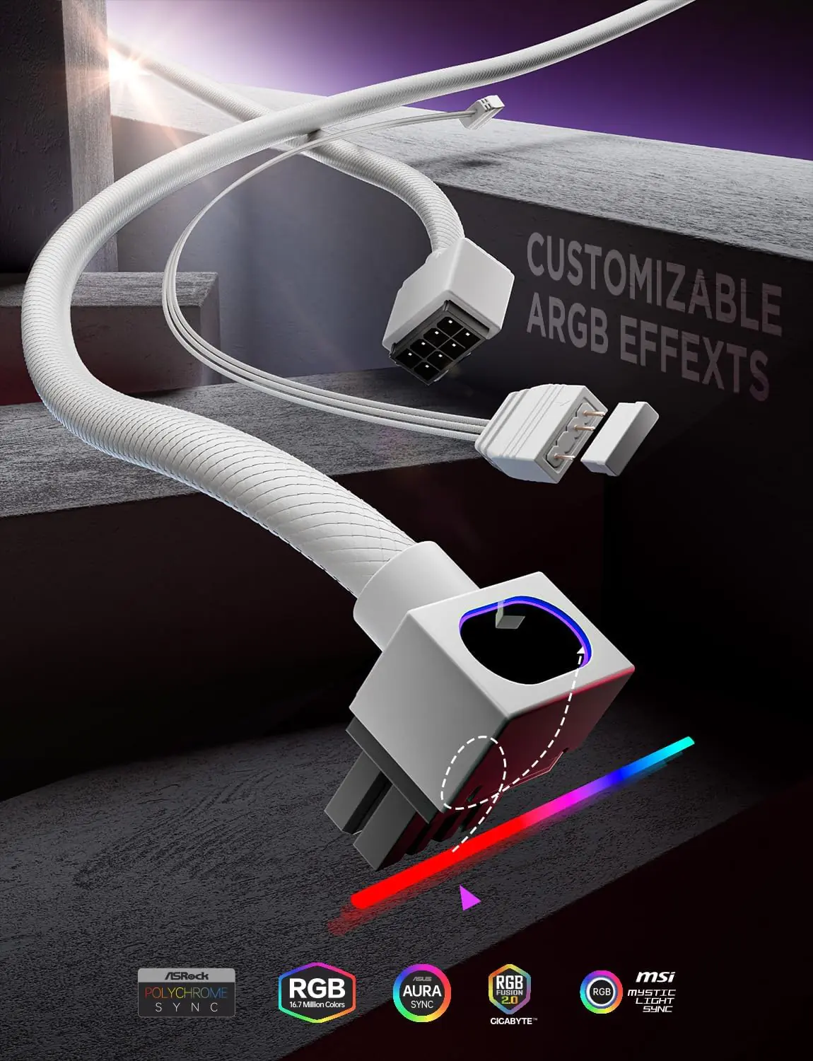 ASIAHORSE Hydrus 8-Pin ARGB CPU Extension Cable – 30cm White, 18AWG Wire, RGB Lighting, 12V, 25A Current, 300W Power Rating, Premium PVC Build for Clean Aesthetics