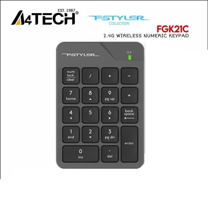 A4TECH FSTYLER FGK21C 2.4G Wireless Numeric Keypad Rechargeable Number pad – Auto-Channel Sort – USB Type-C Charging Cable -18 Low-profile Keys -Windows 7/8/8.1/10/11