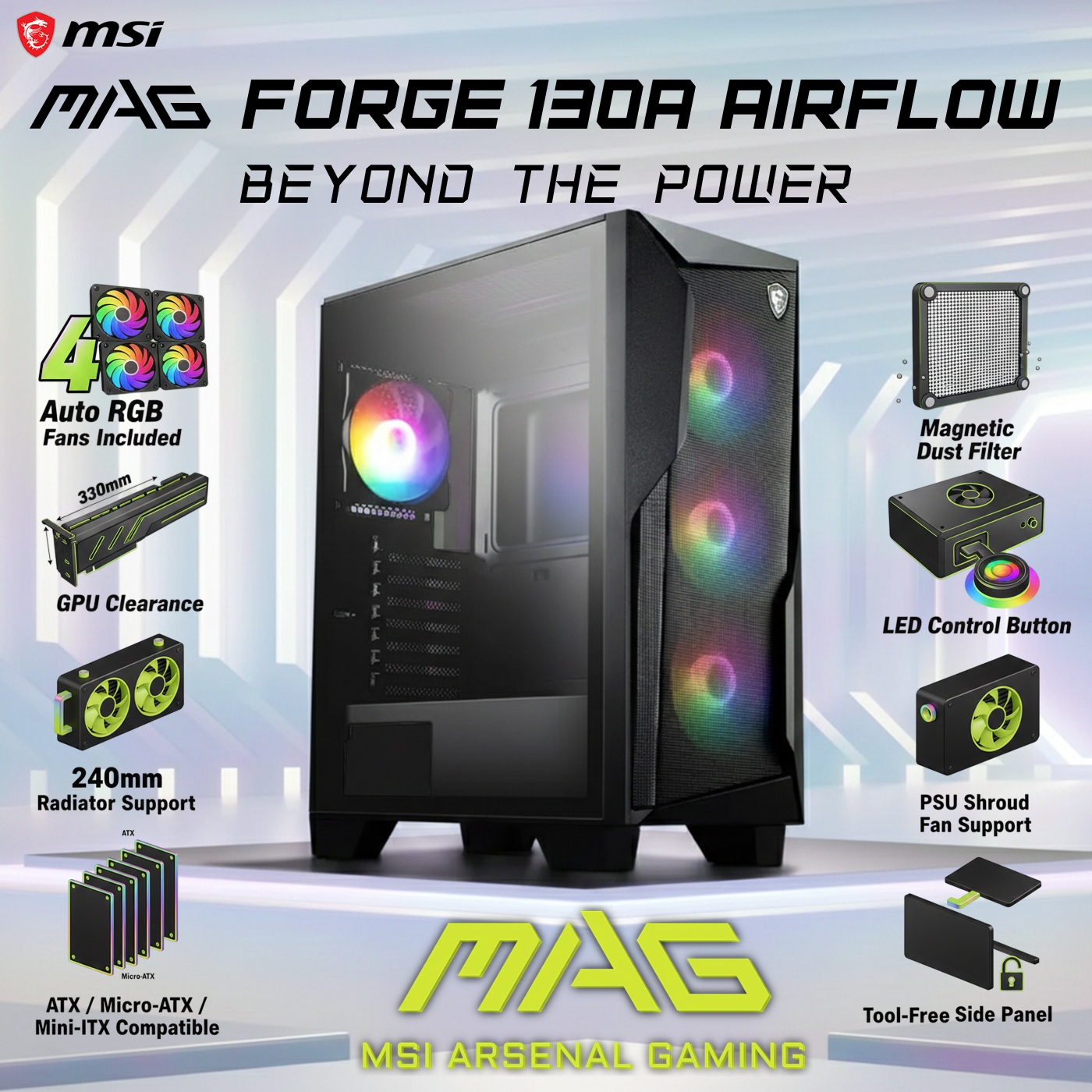 MSI MAG FORGE 130A AIRFLOW Mid-Tower ATX Case With 4 Auto RGB Fans, Tempered Glass, 8-Fan Support, 330mm GPU Clearance, 240mm Radiator Support, USB 5Gbps Front I/O | BLACK