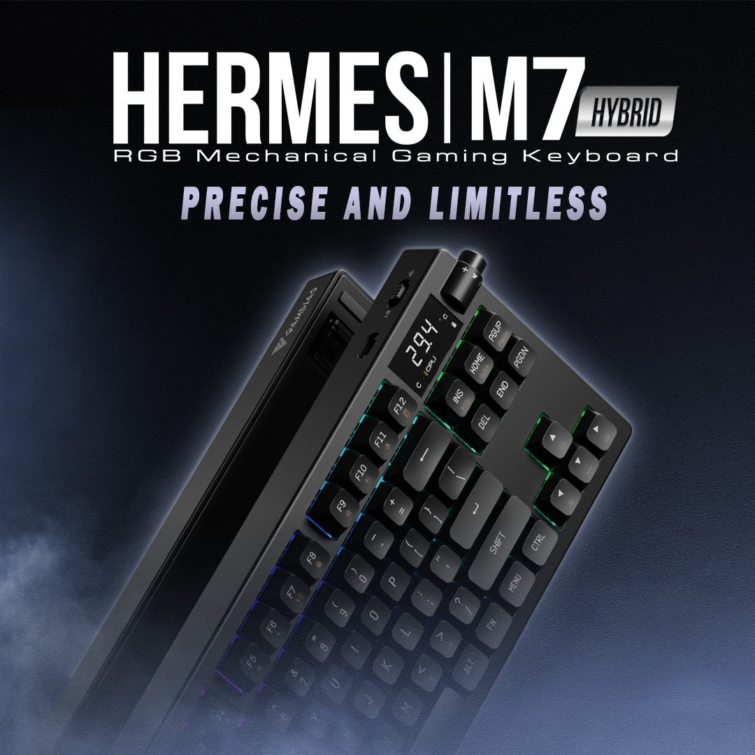 GAMDIAS Hermes M7 Hybrid TKL Mechanical Keyboard – Gamdias RED Switches, RGB Backlit, Digital Display, 2.4GHz/Bluetooth/Wired, 4000mAh Battery, PBT Keycaps, Gasket Design, Volume Knob | BLACK