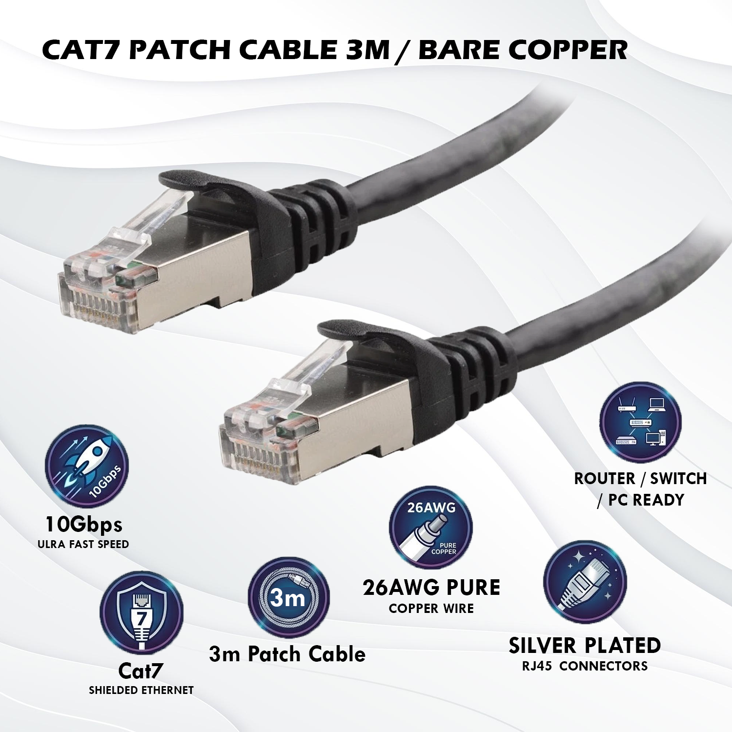 3m Cat7 SFTP Shielded Ethernet LAN Patch Cable With 26AWG Copper Wire, Gold Plated RJ45 Connectors, 10Gbps Speed, 600MHz Bandwidth, LSZH Jacket, Snagless Design