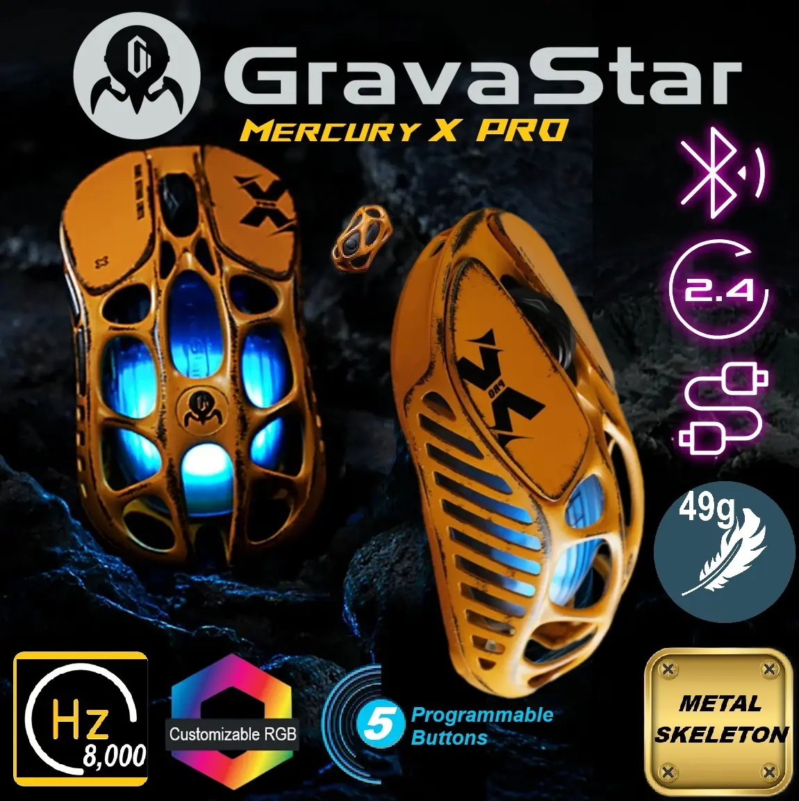 GRAVASTAR Mercury X Pro 8K Wireless Worn Edition-Yellow Gaming Mouse with X Pro 8000Hz RGB Dongle – Lightweight 49g, PAW 3950 32K DPI, Tri-Mode Connectivity, RGB, Magnesium Alloy Skeleton | Battle Worn-Yellow