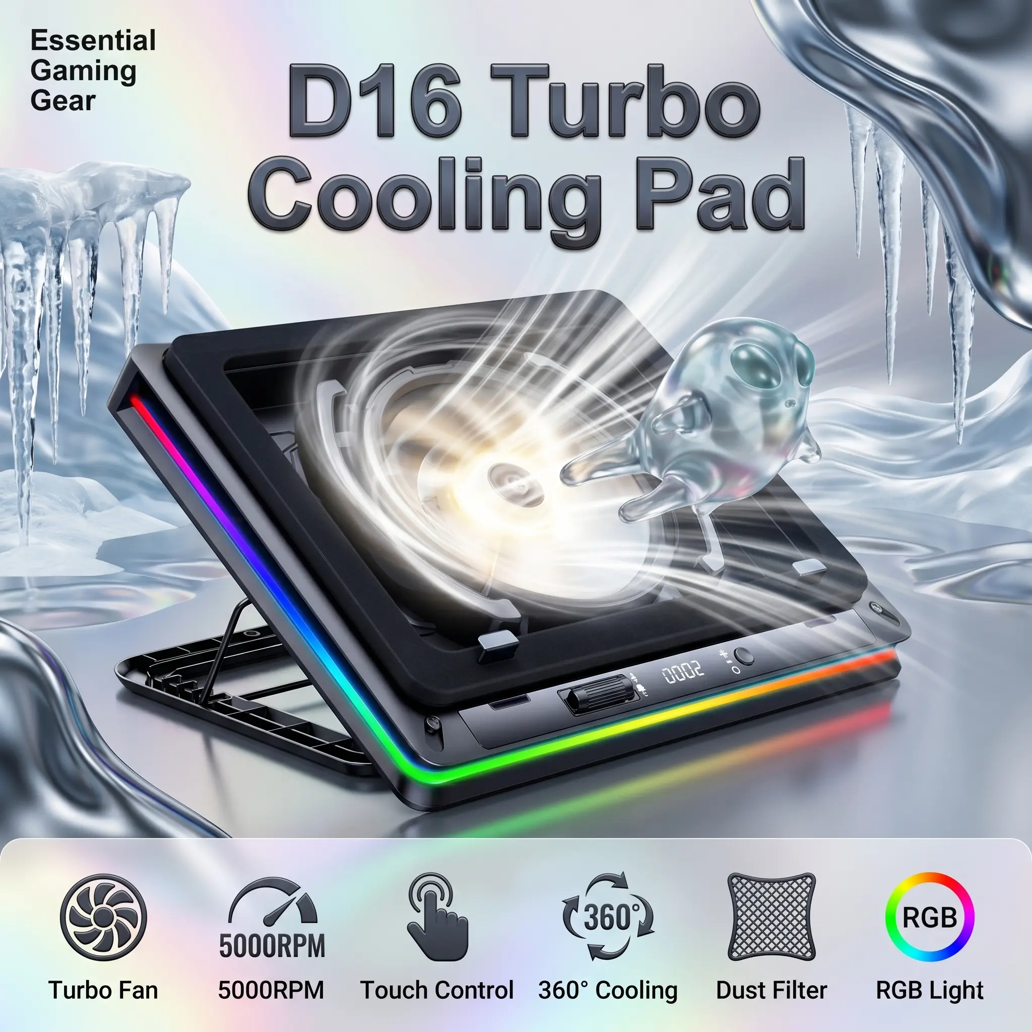 D16 RGB Industrial Turbo Laptop Cooling Pad For 15”–21” Laptops, 18CM Fan Up To 5000RPM, Touch Control, 360° Cooling, Dust Filter, Adjustable Stand, High Pressure USB Powered