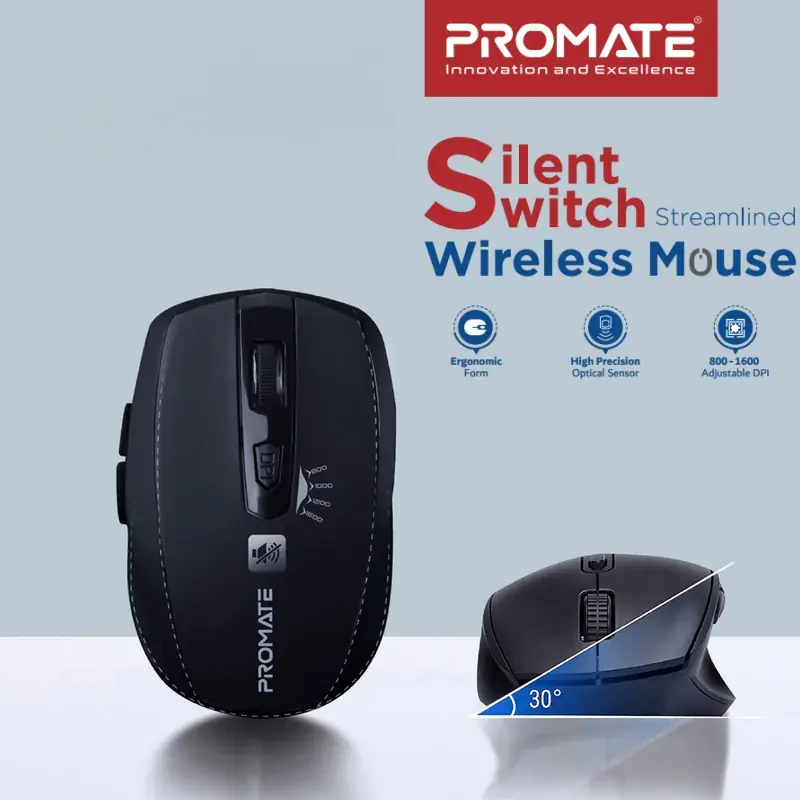 Promate Breeze Silent Wireless Mouse | 90 % Noise-Free Clicks, 800-1600 DPI KA8 Sensor, 10 m 2.4 GHz Range, AA Battery Efficient | Ergonomic Matte Anti-Slip Design for Mac/Windows – Black