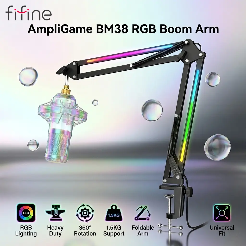 FIFINE AmpliGame BM38 RGB Microphone Boom Arm – Heavy Duty Metal Suspension Scissor Mic Stand, 360° Rotation, 3/8” & 5/8” Screw Adapter, Desk Mount Clamp, RGB Lighting For Podcast Streaming & Gaming