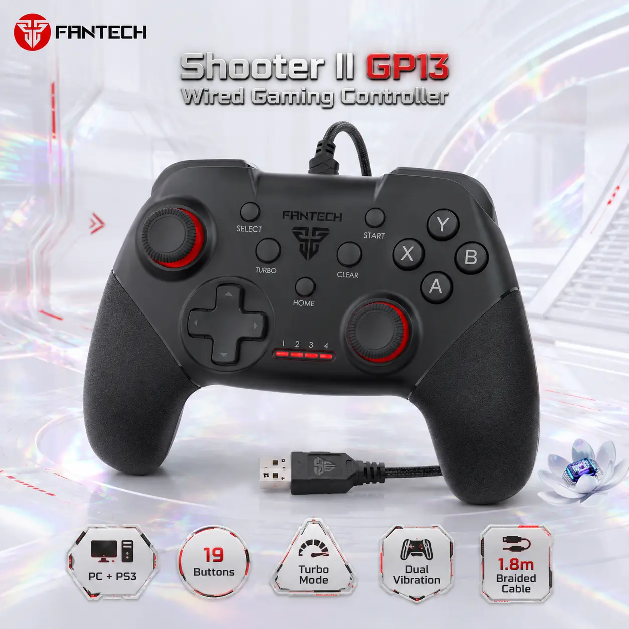 Fantech Shooter II GP13 USB Wired Gaming Controller for PC and PS3, 19 Buttons, Turbo Mode, Dual Vibration Motors and 1.8m Braided Cable | BLACK