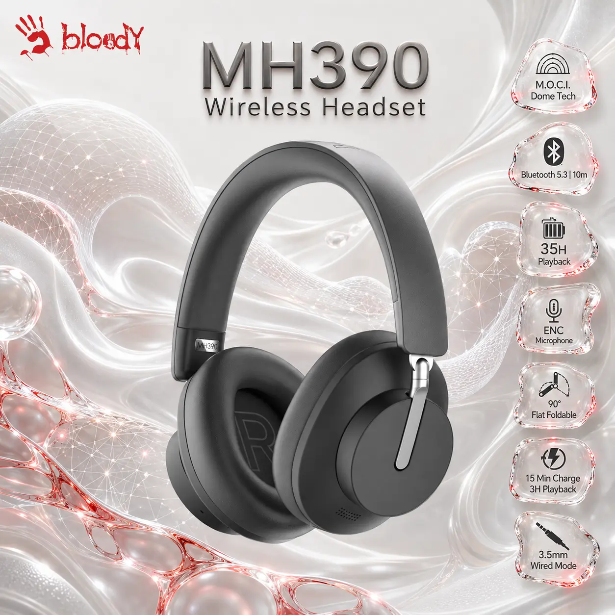 BLOODY MH390 Bluetooth v5.3 Gaming Headset, 40mm Hybrid Driver, M.O.C.I. Dome Tech, 35H Playtime, ENC Mic, 10m Range, 3.5mm Wired Mode, USB-C Fast Charge,, Foldable Design | BLACK