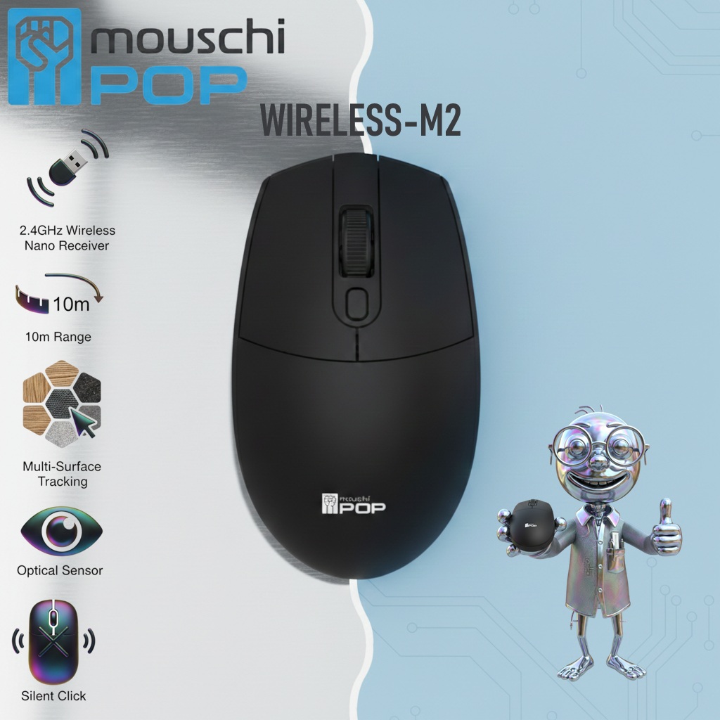 Mouschi POP WIRELESS-M2 2.4GHz Optical Mouse with Silent Switches, 10m Range, Nano Receiver, 3D Roller, Anti-Slip, Ergonomic Design, Multi-Surface Use