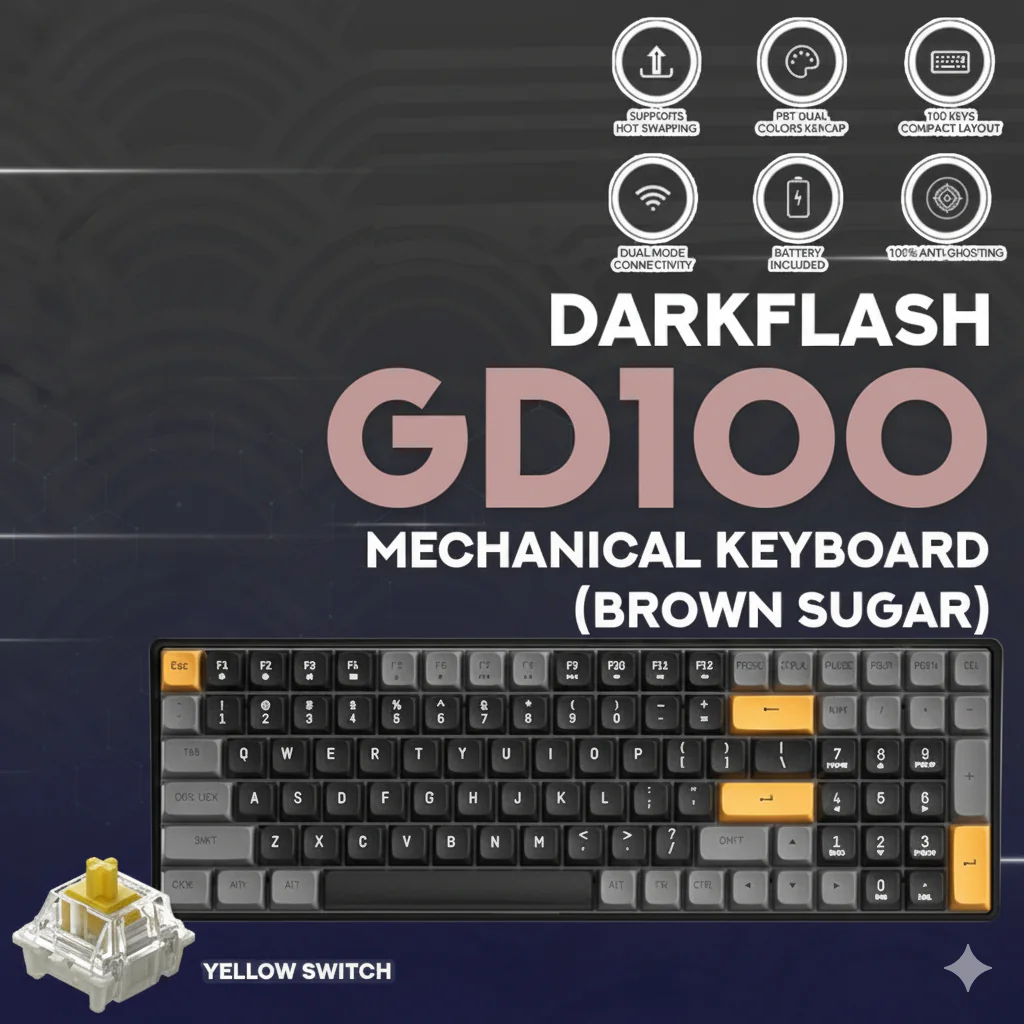DarkFlash GD100 Mechanical Keyboard – 100 Keys, Brown Sugar Yellow & Blue Switch Options, Hot-Swappable, PBT Keycaps, USB-C Wired & 2.4GHz Wireless, 1200mAh Battery