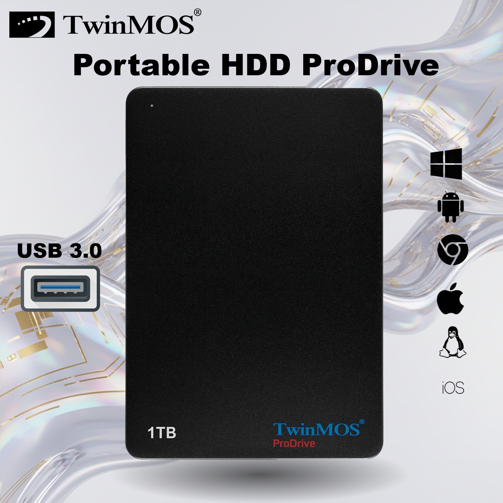 TwinMOS ProDrive 1TB Portable HDD With USB 3.0 High-Speed 5Gbps Transfer, Shock-Resistant Design, LED Indicator, USB-Powered, SMART Support, Supports Android, Chromebook , iOS, Windows, macOS, and Linux | BLACK ~ TM1000GPD